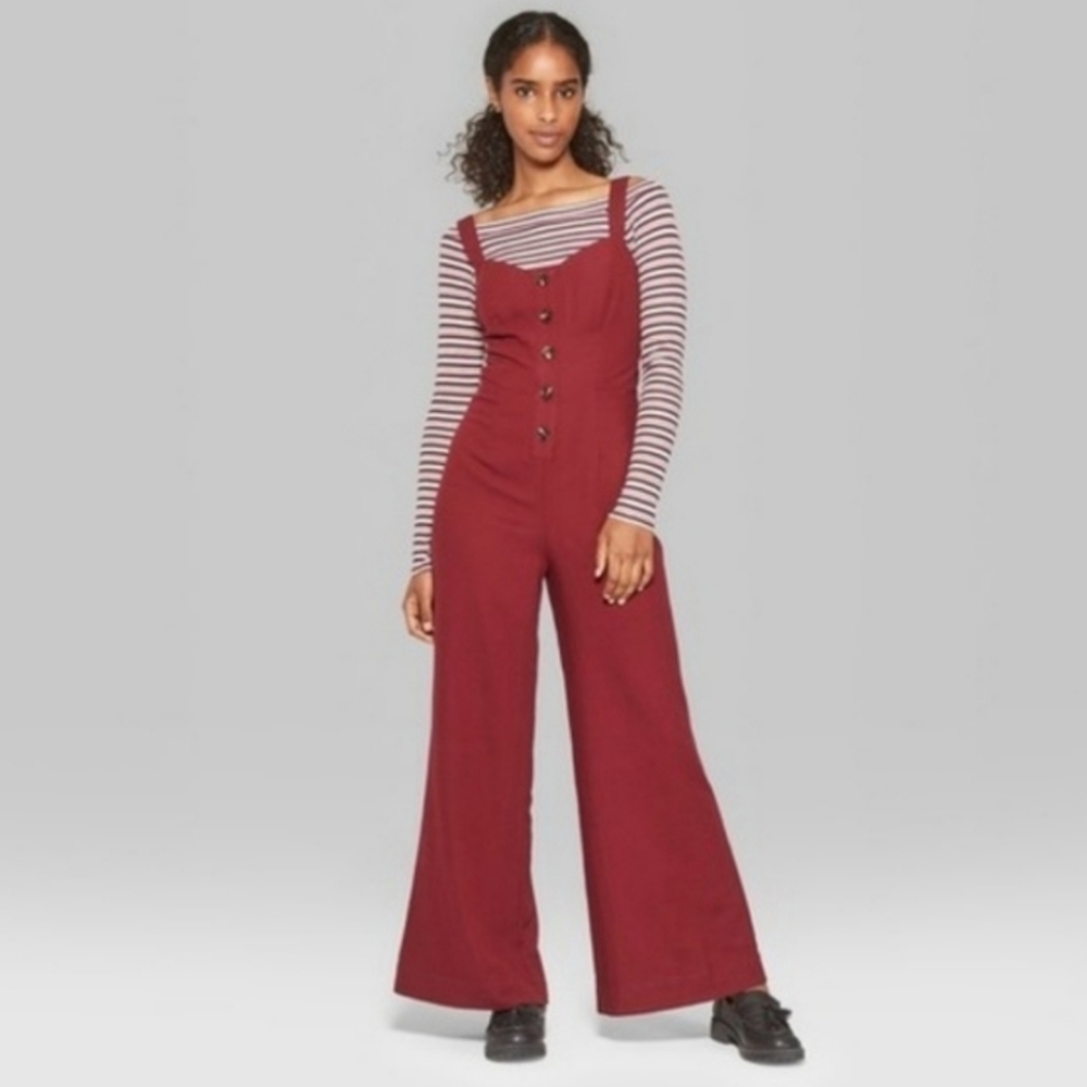 Wild Fable Maroon Berry Button Front Tie Back Flare Wide Leg Jumpsuit
